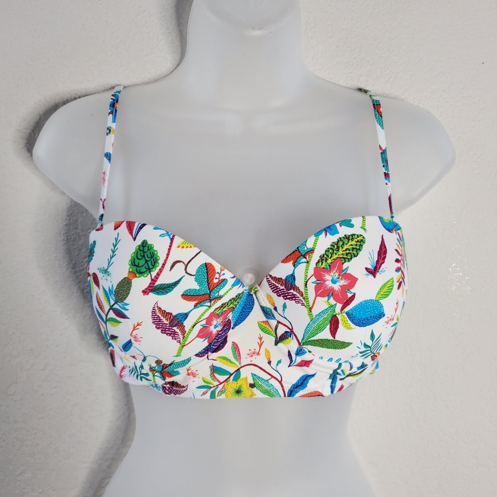 Anthropologie White Floral Bikini Top with Multicolor Tropical Print